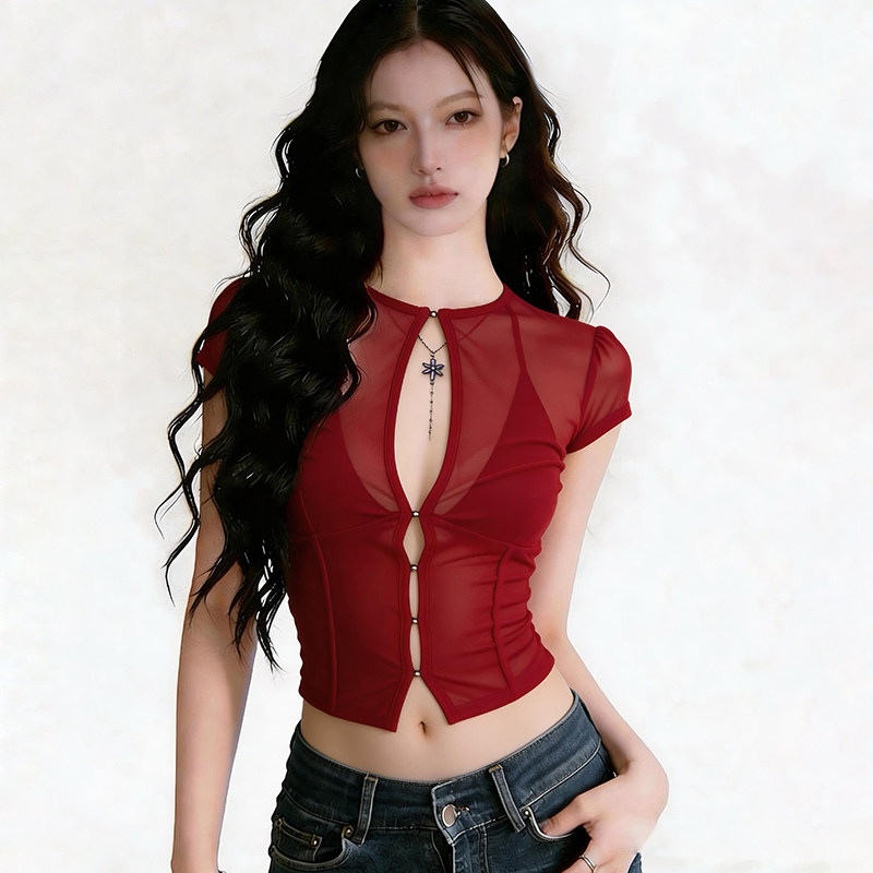 Amyway【港味辣妹】复古吸晴红色短袖镂空网纱排扣修身性感上衣女