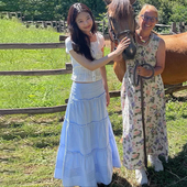 Amyway jennie同款 清纯韩系蓝色高腰褶皱蛋糕裙半身裙甜美长裙