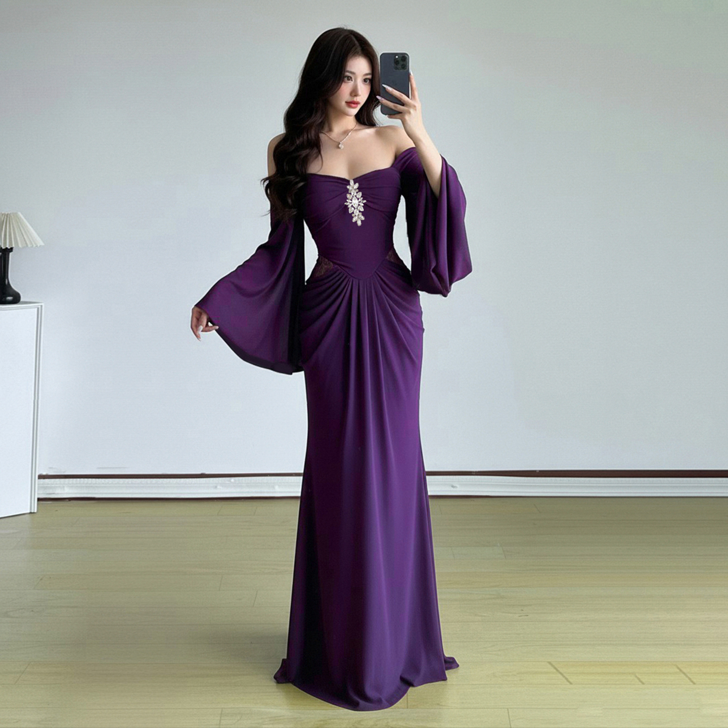 【安娜女神】一字肩喇叭袖长裙