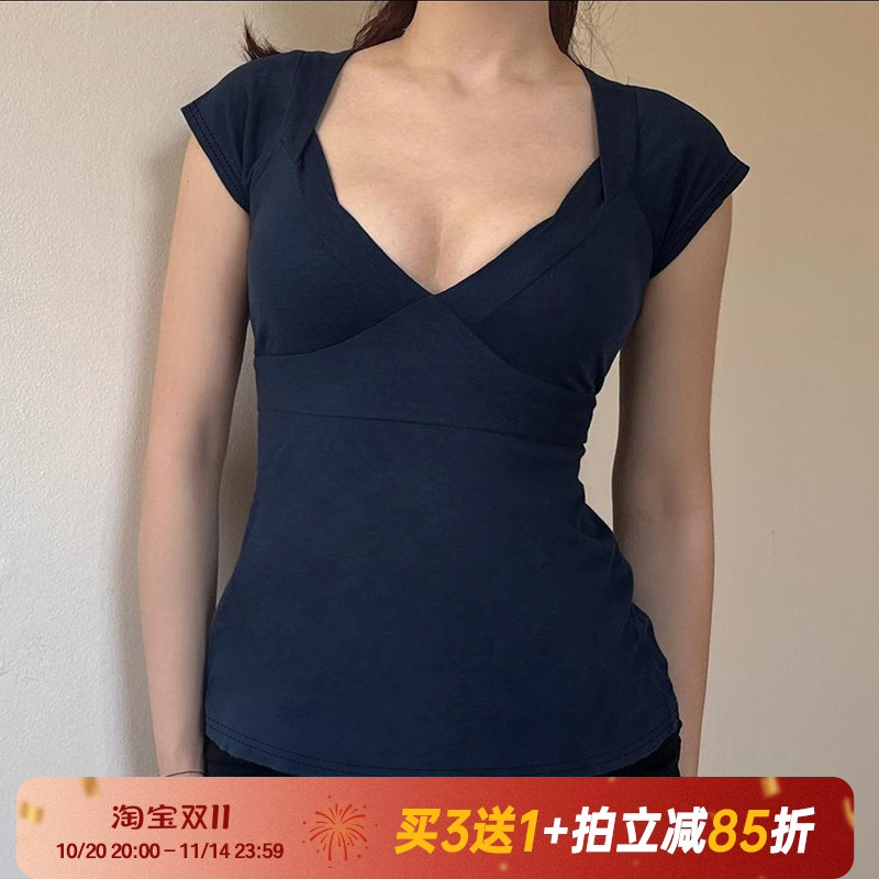 Amyway【美式辣妹】简约复古百搭V领短袖小众后背绑带T恤上衣