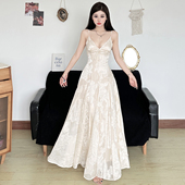 纯欲风 Amyway 法式 复古印花V领系带吊带裙女收腰显瘦A字裙长裙