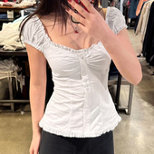 短袖 Amyway T恤百搭显瘦上衣 甜辣风泡泡袖 木耳边修身 法式 小众