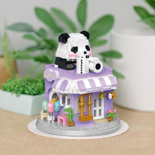 熊猫街景微粒积木益智拼装玩具熊猫照相馆小颗粒摆件手工创意礼物