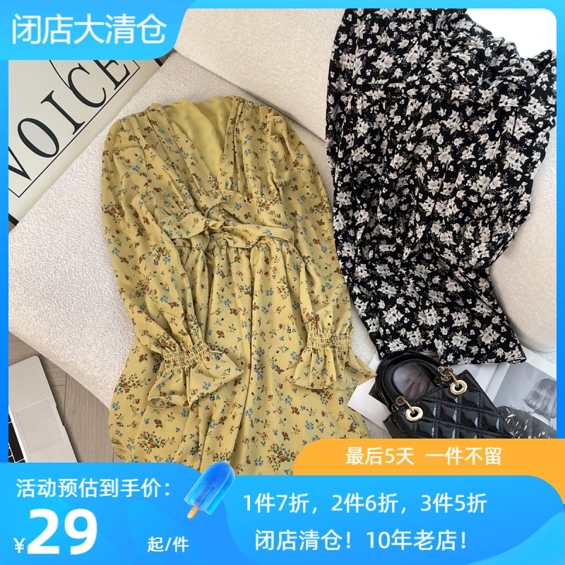 【清仓】春夏温柔风泡泡袖收腰显瘦V领碎花连衣裙甜美减龄雪纺裙