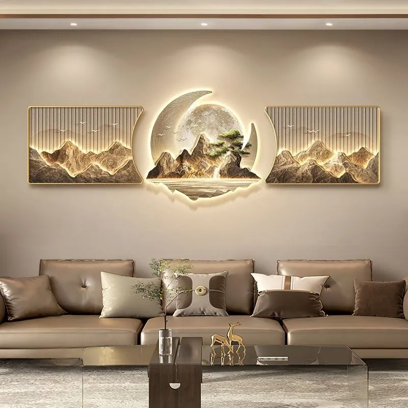 背有靠山客厅装饰画高级感九鱼沙发背景墙挂画轻奢大气山水三联画