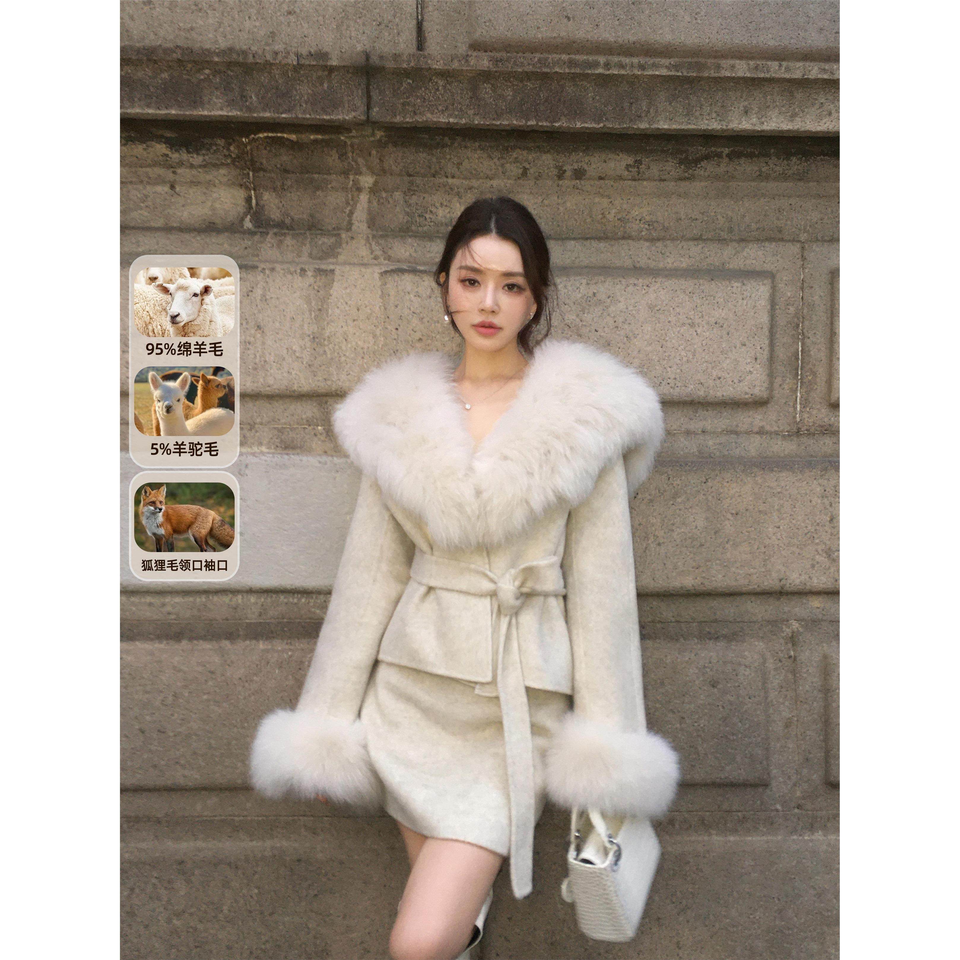 冯薪颖 狐绒映雪 大毛领羊毛大衣女冬双面呢外套短款毛呢半身裙子,女装/女士精品,时尚套装,淘宝优惠券,粉丝福利购,淘宝优惠卷