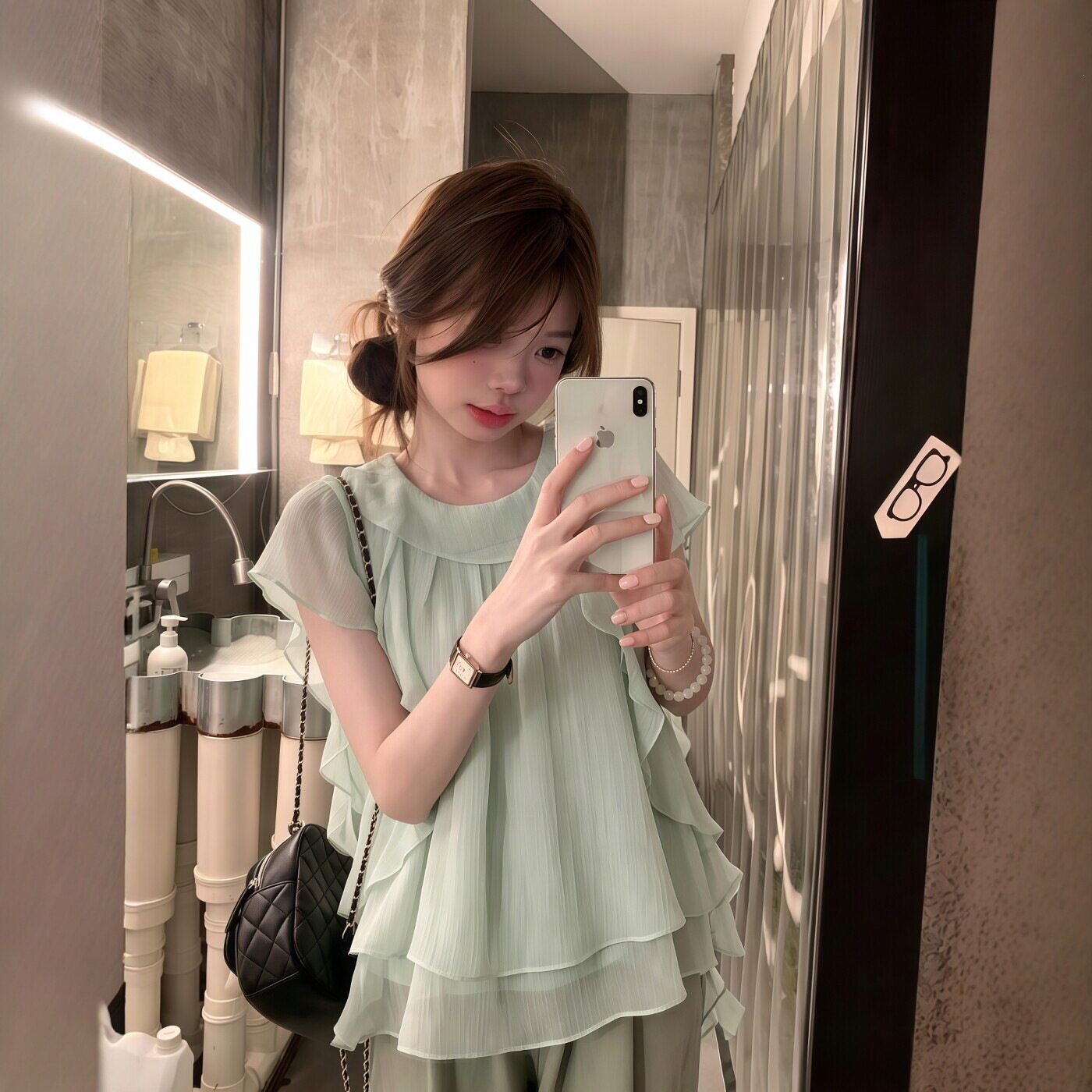 韩系宽松显瘦短袖衬衫女夏季新款设计感chic飘带大圆领荷叶边上衣