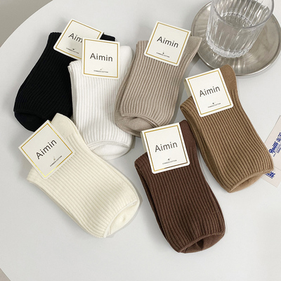 咖色系双针纯棉袜子女中筒袜韩版学院风堆堆袜日系可爱百搭ins潮