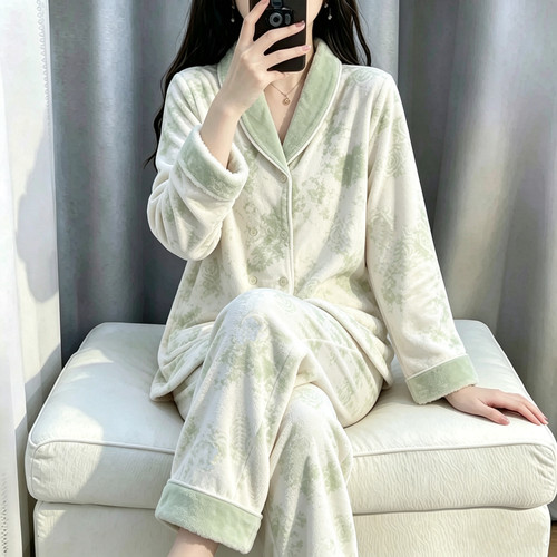 睡衣女冬季款2026年新款海岛绒水墨画长袖长裤冬天女士家居服套装