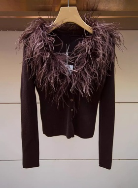 JR 2025冬季新款 绵羊毛气质千金风驼鸟毛针织开衫女外套XRJ6M02A