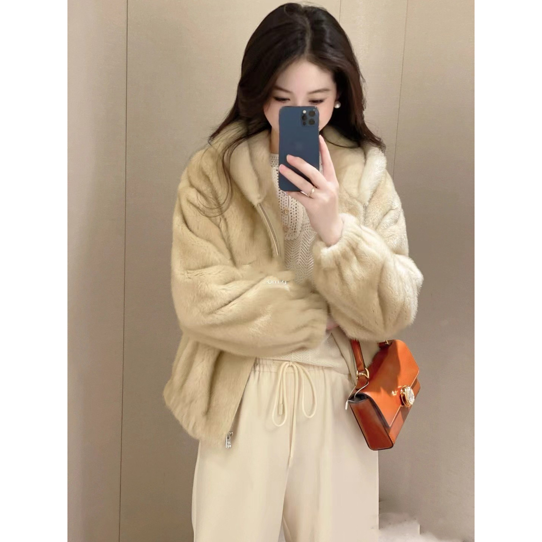 JR 专柜正品 2025秋冬新款水貂毛皮草连帽拉链保暖外套女P165303E