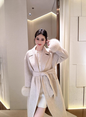 JR 2025冬季新款 狐狸毛系带长款羊驼毛双面呢大衣女外套XRJ7D03D