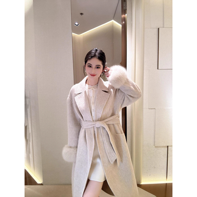 JR 2025冬季新款 狐狸毛系带长款羊驼毛双面呢大衣女外套XRJ7D03D
