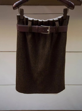 JR 2025冬季新款 高腰时尚腰带气质通勤绵羊毛半身中裙子XRJ6Q01D