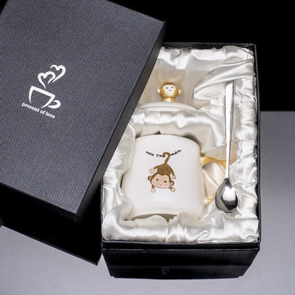 创意卡通猴马克杯带盖勺可爱陶瓷杯子家用牛奶情侣水杯韩式早餐杯