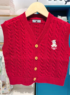 YD韩国童装秋冬新款男女宝宝红色针织马甲棉线坎肩背心MS5103001