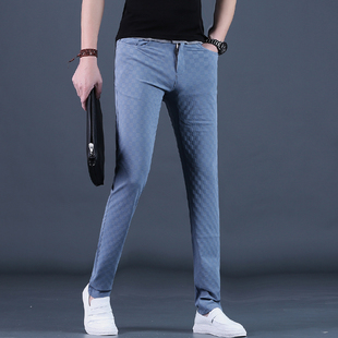 夏款冰丝休闲裤男士潮流个性修身显瘦格子裤26男装长裤薄款西裤子