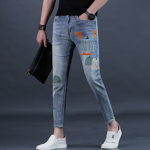 九分裤男士牛仔裤夏季刺绣花潮牌修身小脚9分裤子男薄款男裤2025