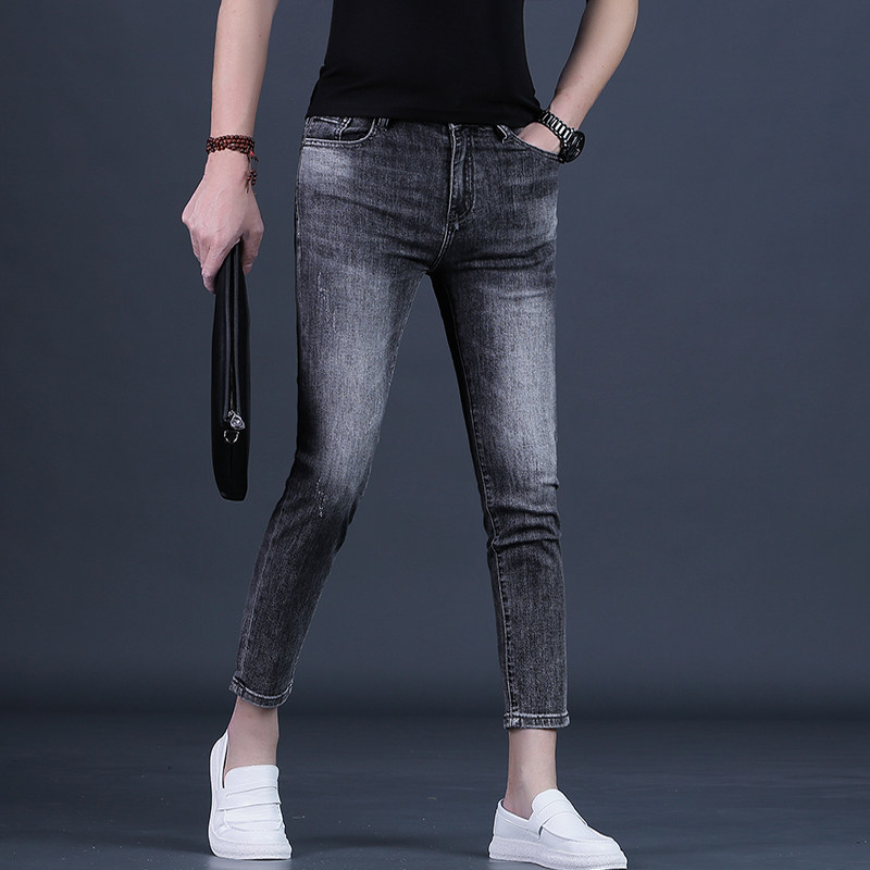 九分裤男夏季牛仔裤男士潮流修身小脚高端9分裤子黑灰色男裤薄款