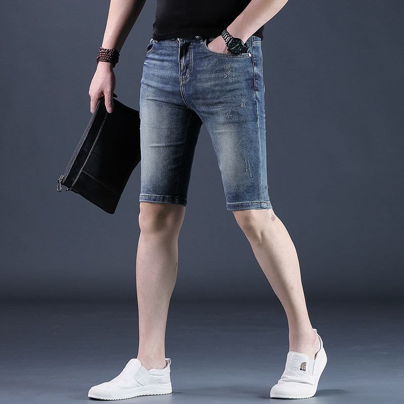 高端蓝色牛仔短裤男夏季薄款潮流ins痞帅修身男士五分裤轻奢中裤