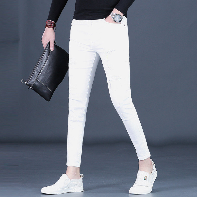 白色裤子男九分裤男士牛仔裤破洞补丁修身小脚潮男9分潮牌男裤24