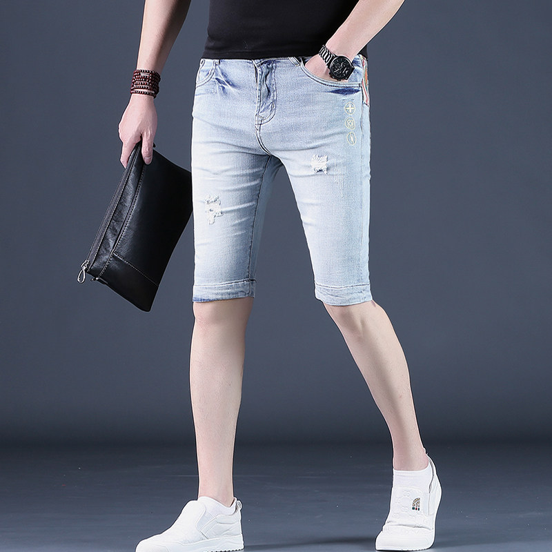 夏季牛仔短裤男士五分裤潮牌修身破洞中裤薄款5分休闲潮流半截裤
