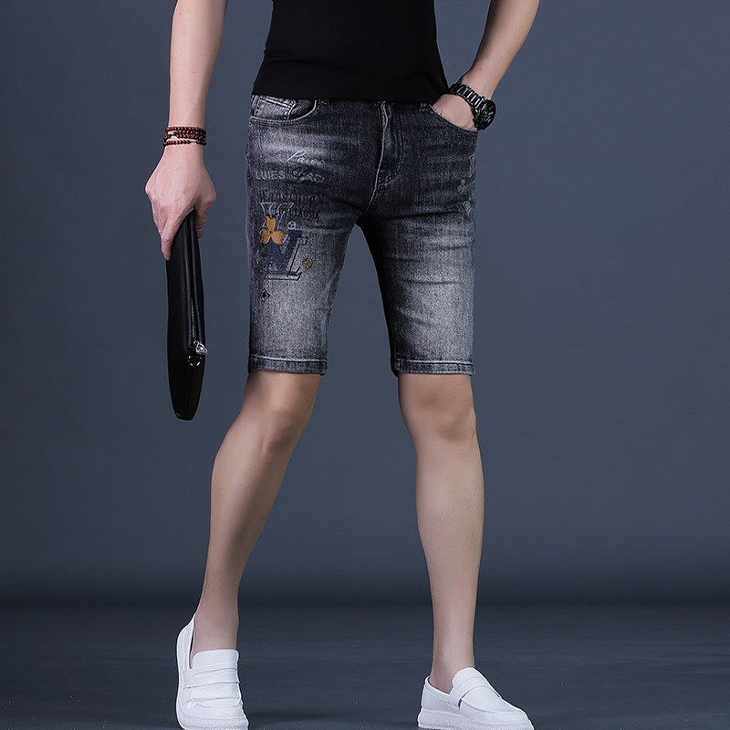 高端牛仔短裤男士五分裤刺绣花中裤夏款修身弹力5分休闲马裤垮裤