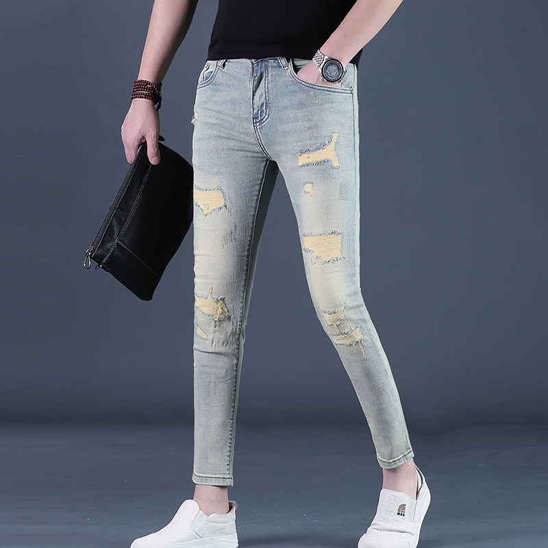 夏季九分裤男款破洞牛仔裤男士潮流25修身小脚浅色9分休闲男裤薄