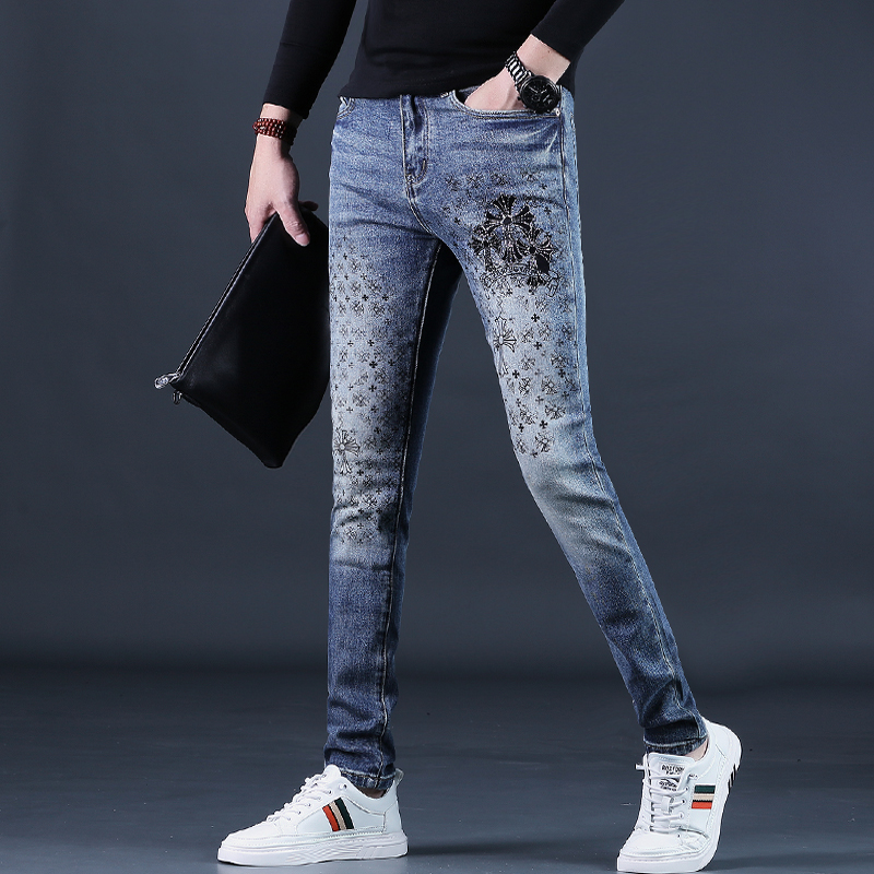 裤子男秋冬季牛仔裤男士刺绣花