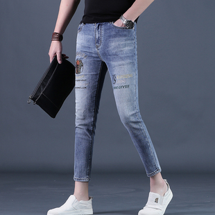 夏季牛仔裤男士潮牌刺绣花紧身九分裤薄弹力小脚2025新款9分男裤