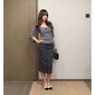 裙子 低腰手工排扣中长款 复古深灰色粗斜纹西装 半身裙女2026新款