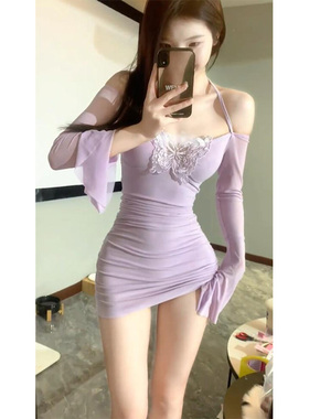 紫色性感辣妹风网纱挂脖连衣裙设计感蝴蝶镂空紧身气质包臀短裙