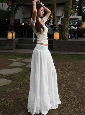 高个子法式白色蛋糕裙女可两穿高低腰半身裙宽松百搭大摆A字长裙