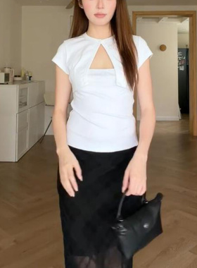 美式辣妹假两件叠襟正肩T恤女设计修身显瘦休闲百搭短袖白色上衣