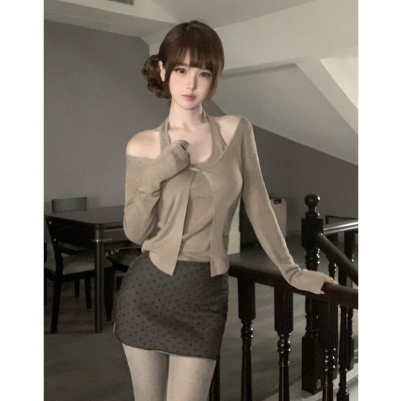 辣妹性感网纱包臀短裙女复古印花波点修身显瘦百搭灰色a字半身裙