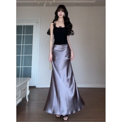 缎面丝滑垂感灰紫色半身裙女