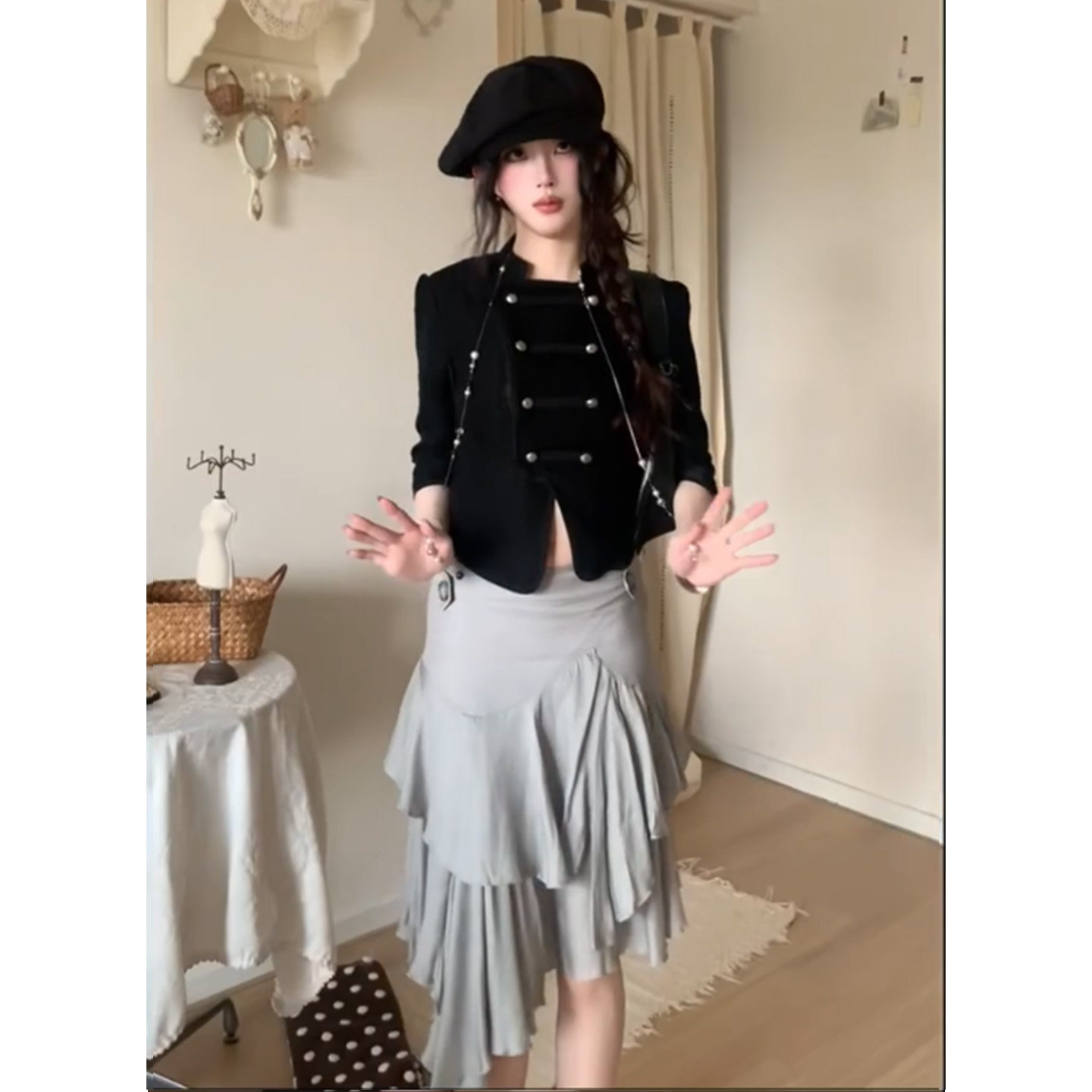 法式不规则荷叶边多层蕾丝半身裙女气质时尚低腰修身包臀半裙