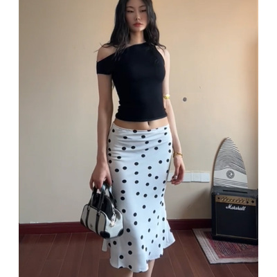 美式复古白色波点半身裙女