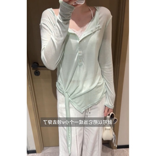 罩衫 宽松薄款 上衣 T恤女设计感春夏新款 薄荷绿色亨利领飘带长袖