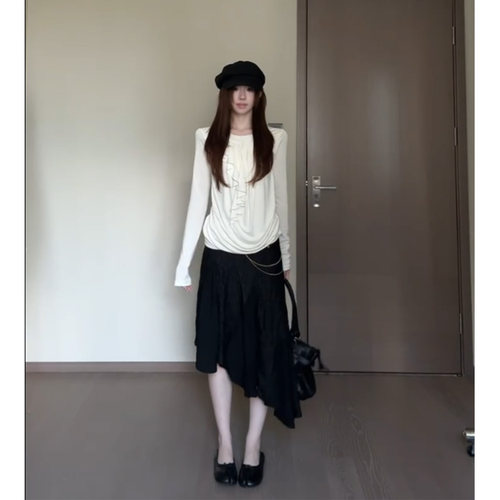 设计感荷叶边长袖T恤女