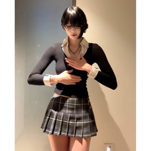 美式辣妹格纹百褶裙女防走光低腰A字超短裙女小众休闲百搭半身裙