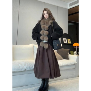 设计感棕色花苞裙女2026新款 松紧腰宽松休闲显瘦百搭A字半身裙