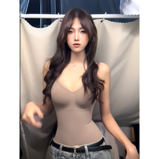欧美辣妹风肤色吊带连体衣女辣妹紧身高弹露背收腰打底V领上衣