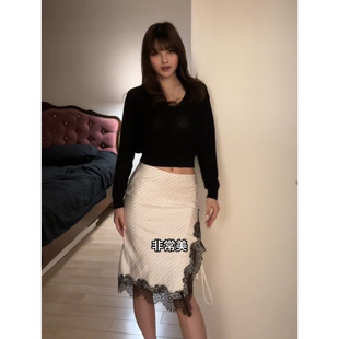 黑白条纹蕾丝拼接系带及膝半裙女2026新款辣妹性感开叉包臀半身裙