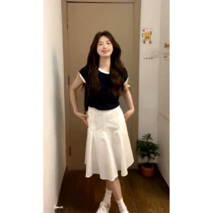 法式简约压褶白色半身裙女高腰修身百褶中裙休闲百搭大摆a字裙子