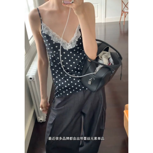 法式蕾丝波点v领藏青吊带背心