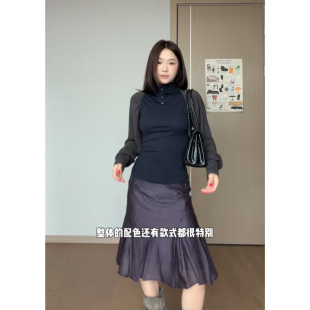 法式复古斜裁打褶撞钉半身裙女设计感修身灰紫色低腰百褶A字裙