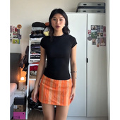 美式 低腰显瘦百搭竖条印花短裙 辣妹复古橙色格纹半身裙女带安全裤