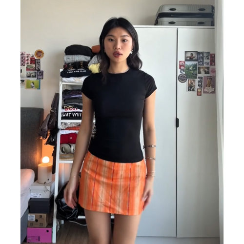 美式辣妹复古橙色格纹半身裙