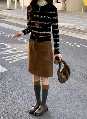 复古咖色麂皮半身裙女2025秋冬新款小众低腰休闲百搭裙直筒中裙